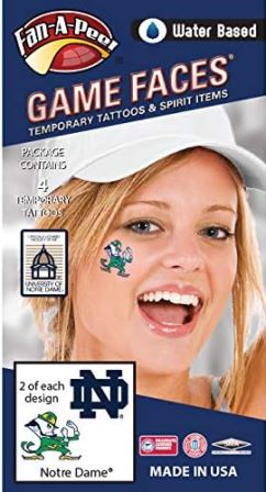 Notre Dame (ND) Fighting Irish – Water Based Temporary Spirit Tattoos – 4-Piece – 2 Leprechaun Logo & 2 Navy Blue ND Logo