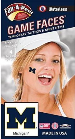 University of Michigan (U of M) Wolverines – Waterless Peel & Stick Temporary Spirit Tattoos – 4-Piece – Blue/Maize M Logo