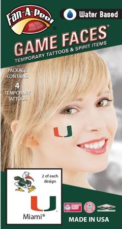University of Miami (UM) Hurricanes - Water Based Temporary Spirit Tattoos - 4-Piece - 2 Sebastian Ibis & 2 Green/Orange/White U Logo