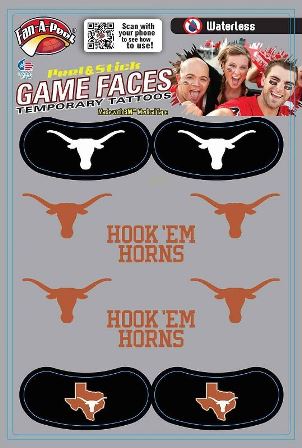 Texas Longhorns Waterless & Stick Temporary Tattoos 10-Piece Combo 6 Spirit and 4 Eye Strips, Brown