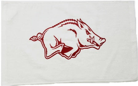 University of Arkansas Razorbacks White Rally Towel Red Vinyl Logo 11" x 18" 100% Cotton