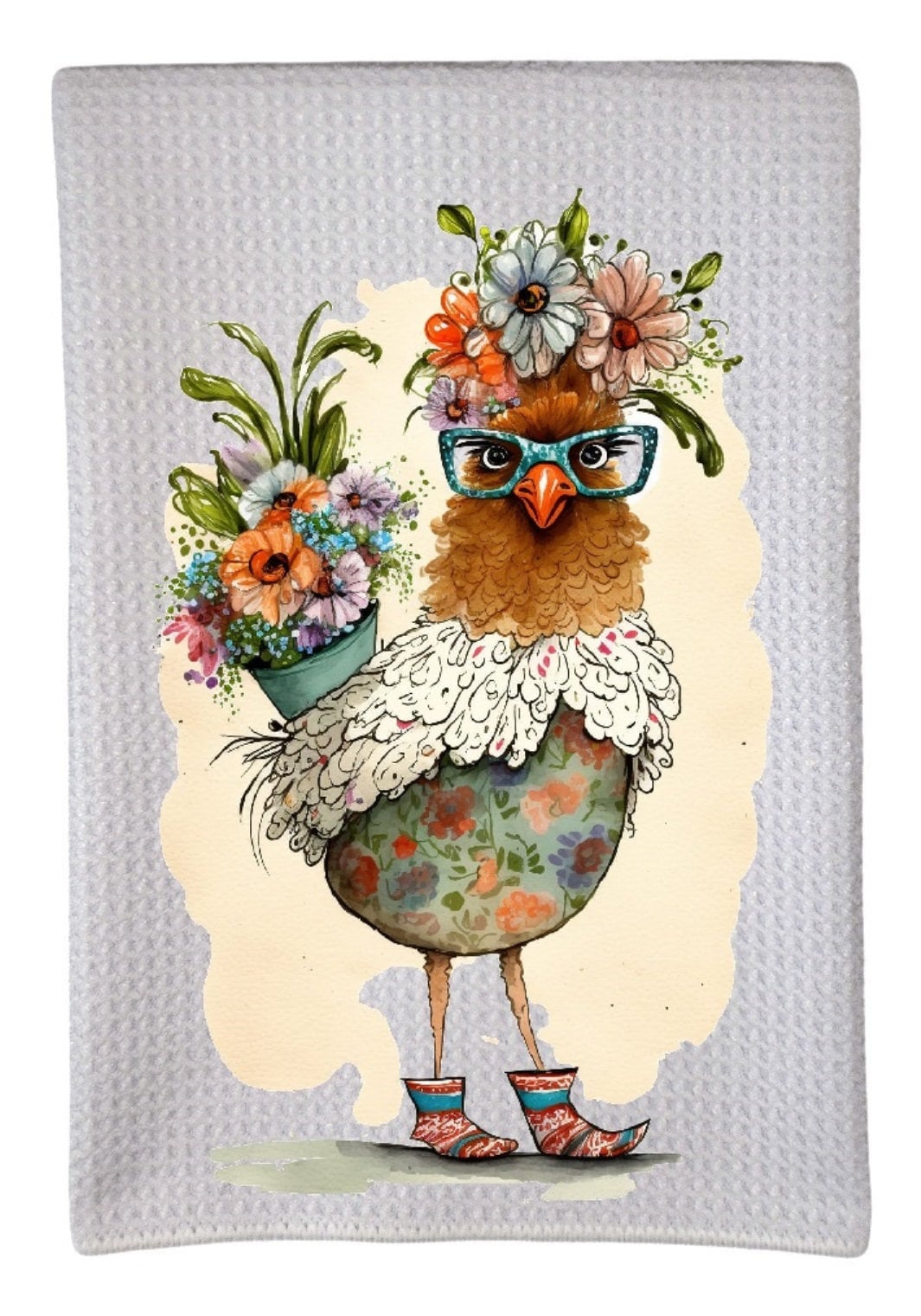 Fancy Chick White Shawl Flower Chicken 16"x24" Sublimation White Waffle Towel Trifold 100% Polyester Absorbent Kitchen Dish Towel wwt020