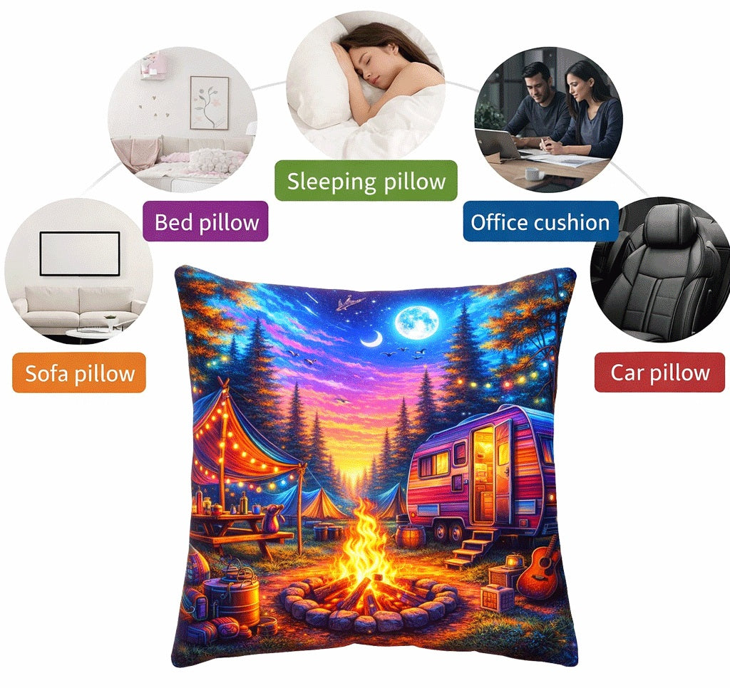 Set of 2 - Throw Pillows (with Inserts) Colorful Campsite Camper 18"x18" DZ128