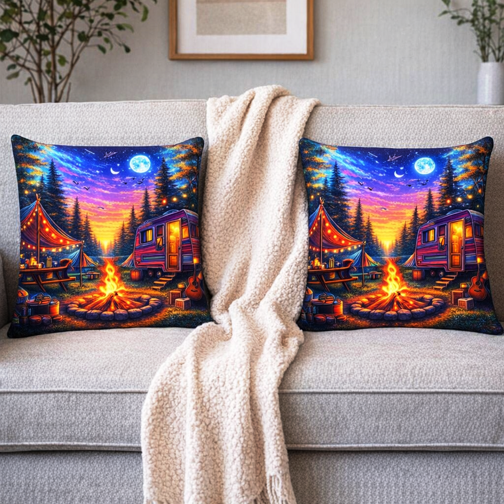 Set of 2 - Throw Pillows (with Inserts) Colorful Campsite Camper 18"x18" DZ128