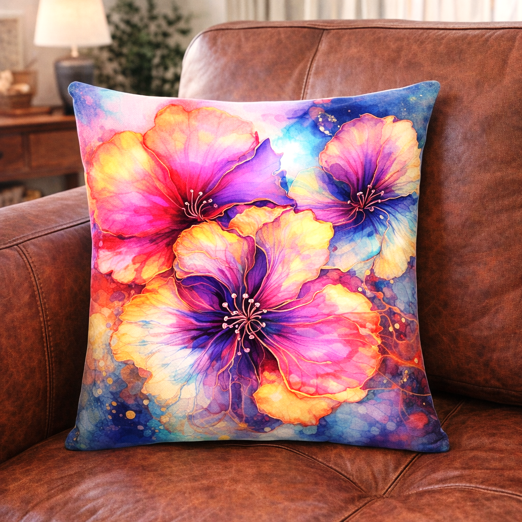 Set of 2 Throw Pillows (with Inserts) Colorful Flower Art Design 18"x18" DZ149