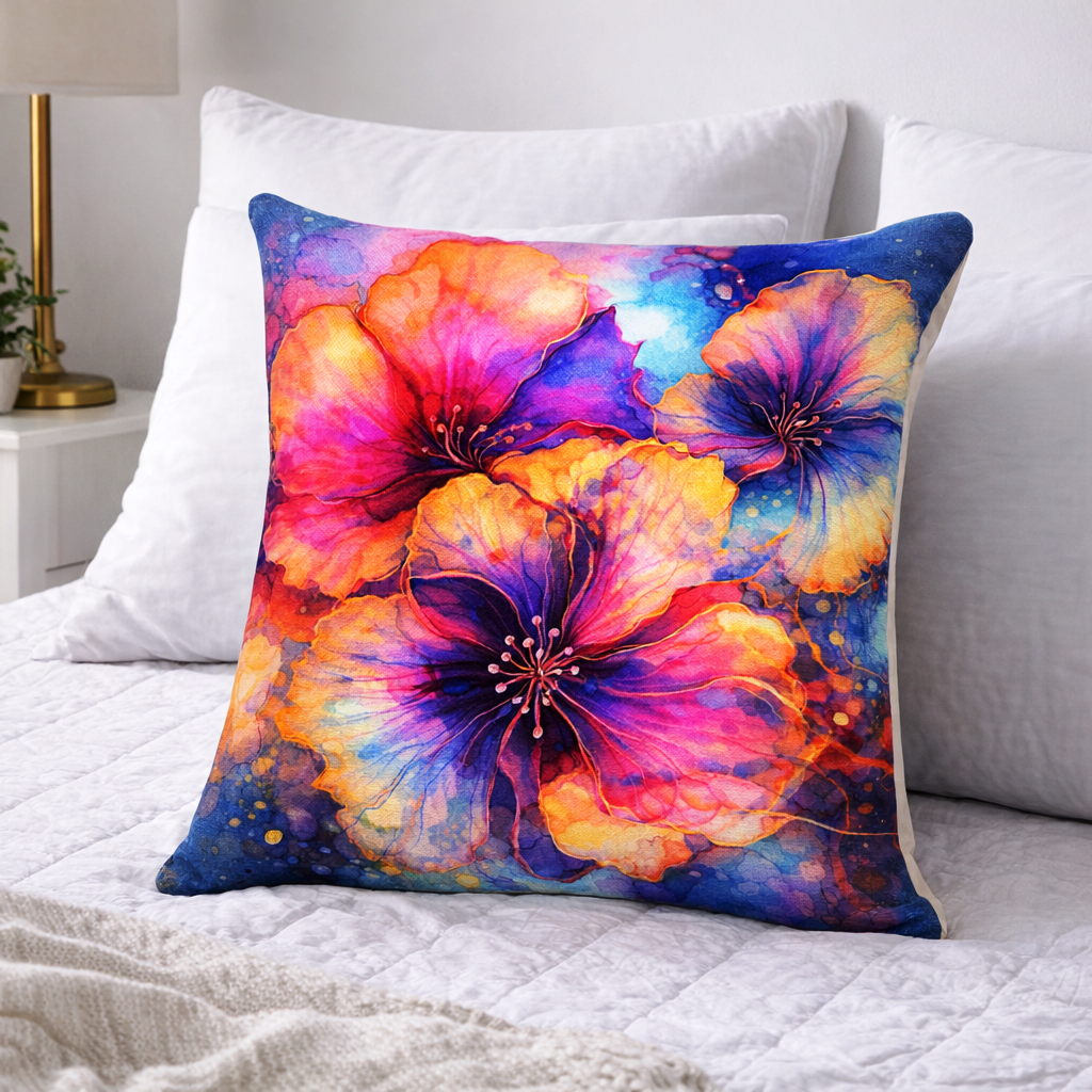 Set of 2 Throw Pillows (with Inserts) Colorful Flower Art Design 18"x18" DZ149