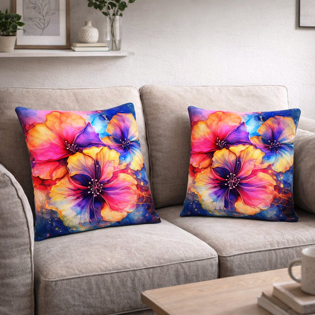 Set of 2 Throw Pillows (with Inserts) Colorful Flower Art Design 18"x18" DZ149