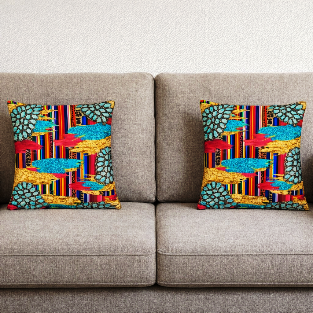 Set of 2 - Throw Pillows (with Inserts) Turquoise Southwest Art 18"x18" DZ150