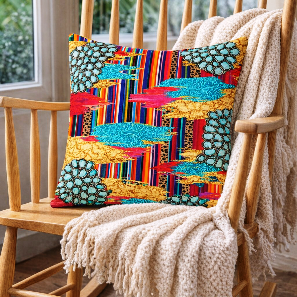 Set of 2 - Throw Pillows (with Inserts) Turquoise Southwest Art 18"x18" DZ150