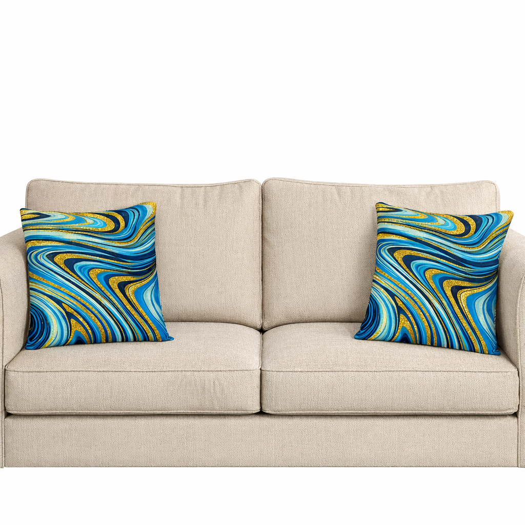 Set of 2 - Throw Pillows (with Inserts) Blues and Golds Abstract 18"x18" DZ312