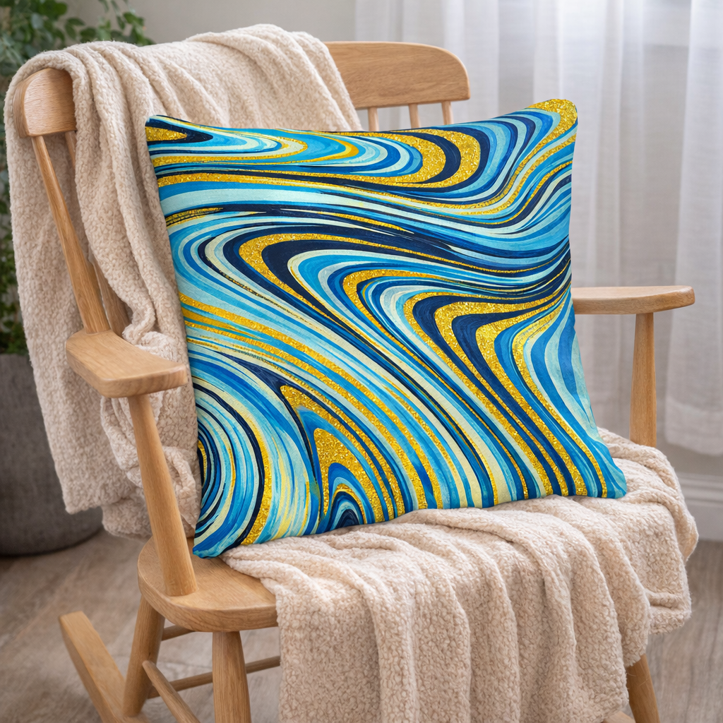 Set of 2 - Throw Pillows (with Inserts) Blues and Golds Abstract 18"x18" DZ312