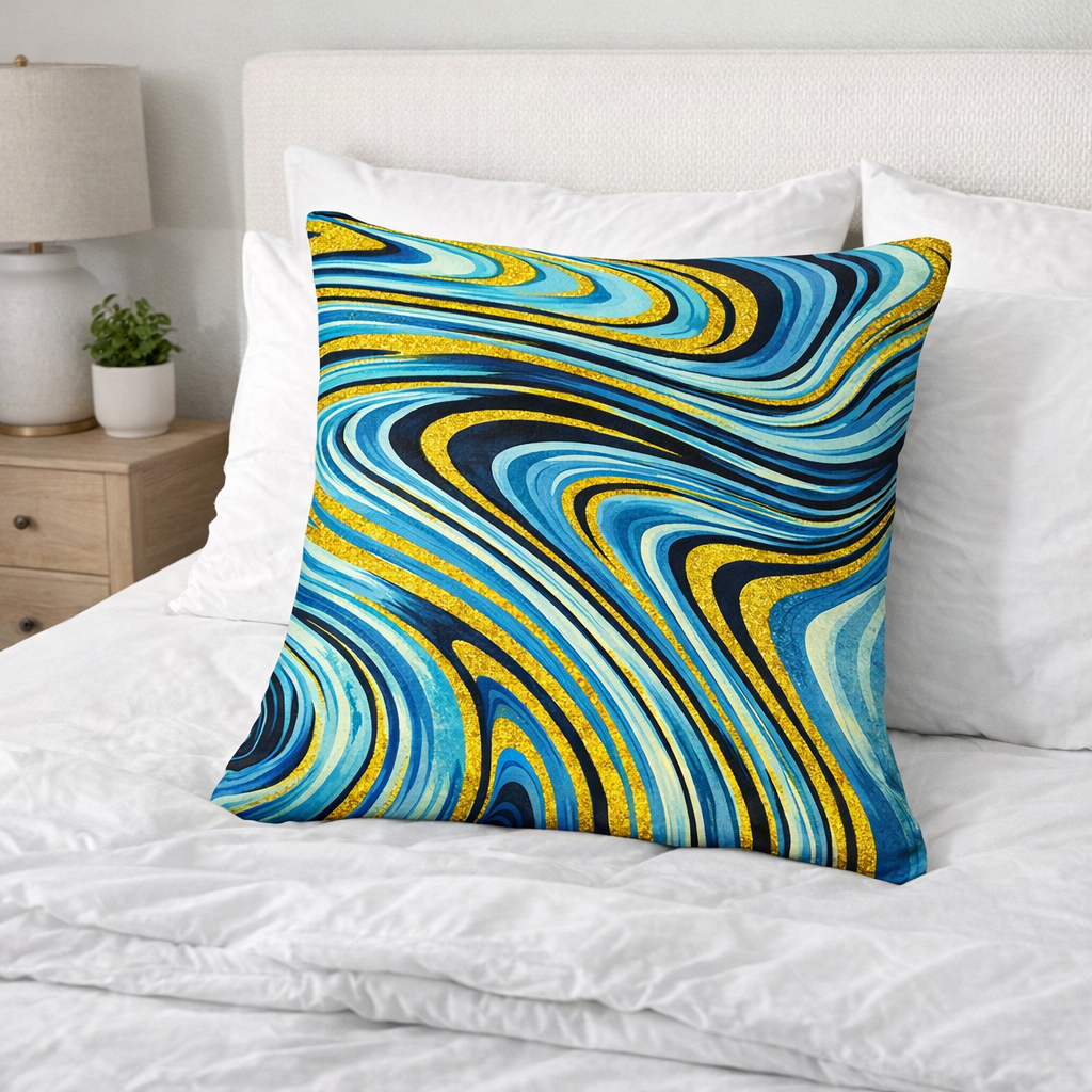 Set of 2 - Throw Pillows (with Inserts) Blues and Golds Abstract 18"x18" DZ312