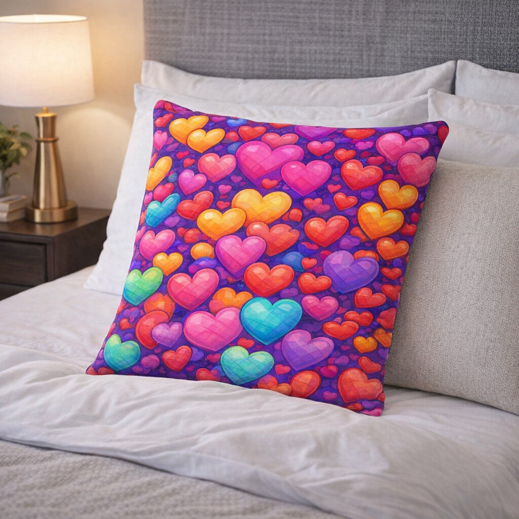 Set of 2 Throw Pillows (with Inserts) Colorful Hearts Art Design 18"x18" DZ318