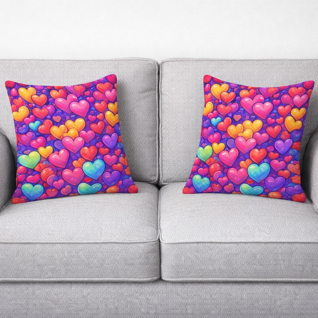 Set of 2 Throw Pillows (with Inserts) Colorful Hearts Art Design 18"x18" DZ318