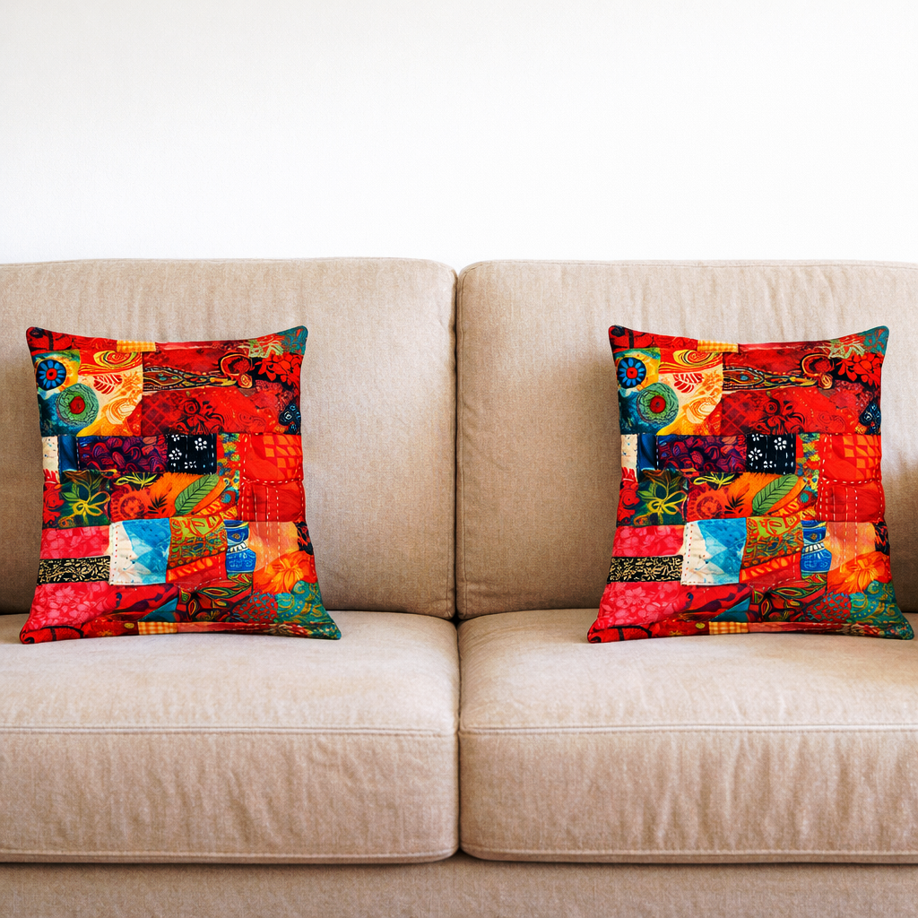 Set of 2 - Throw Pillows (with Inserts) Colorful Patchwork Quilt 18"x18" DZ320