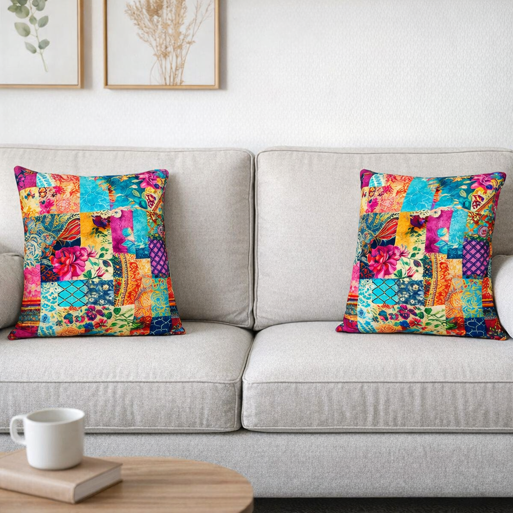 Set of 2 - Throw Pillows (with Inserts) Colorful Patchwork Quilt 18"x18" DZ321