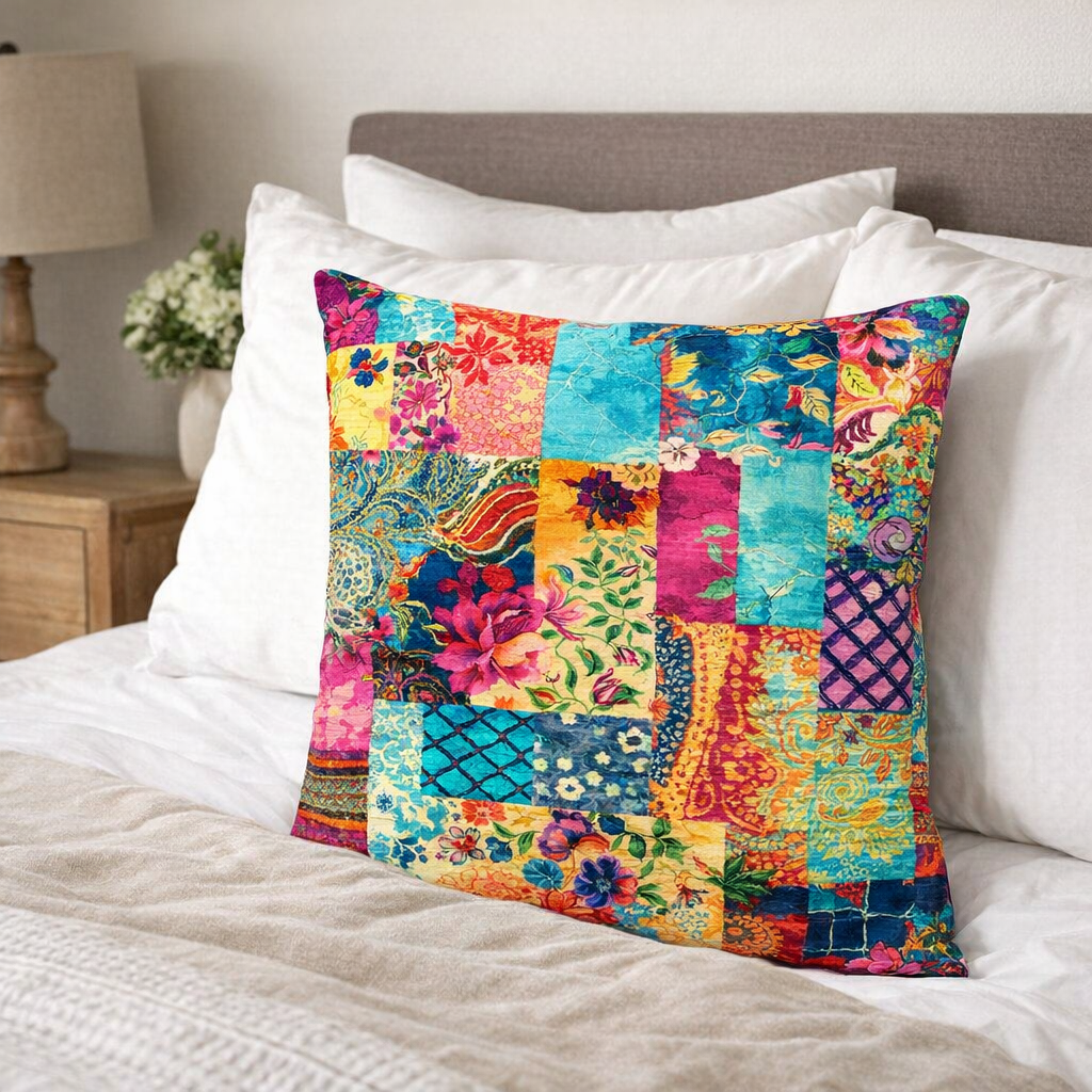 Set of 2 - Throw Pillows (with Inserts) Colorful Patchwork Quilt 18"x18" DZ321