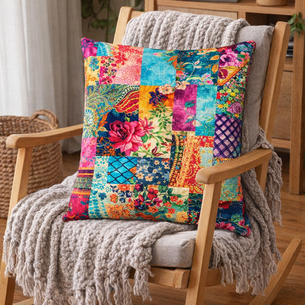 Set of 2 - Throw Pillows (with Inserts) Colorful Patchwork Quilt 18"x18" DZ321
