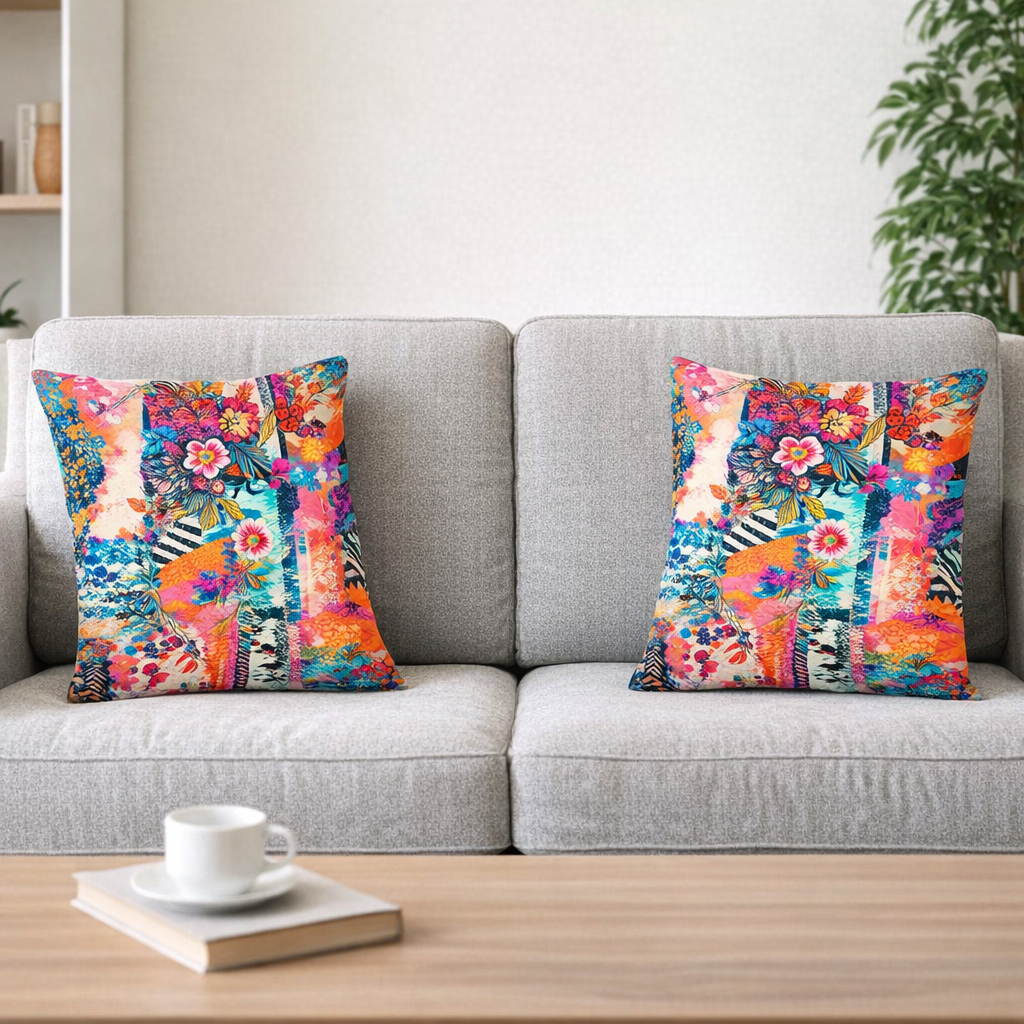 Set of 2 Throw Pillows (with Inserts) Colorful Flower Art Design 18"x18" DZ322
