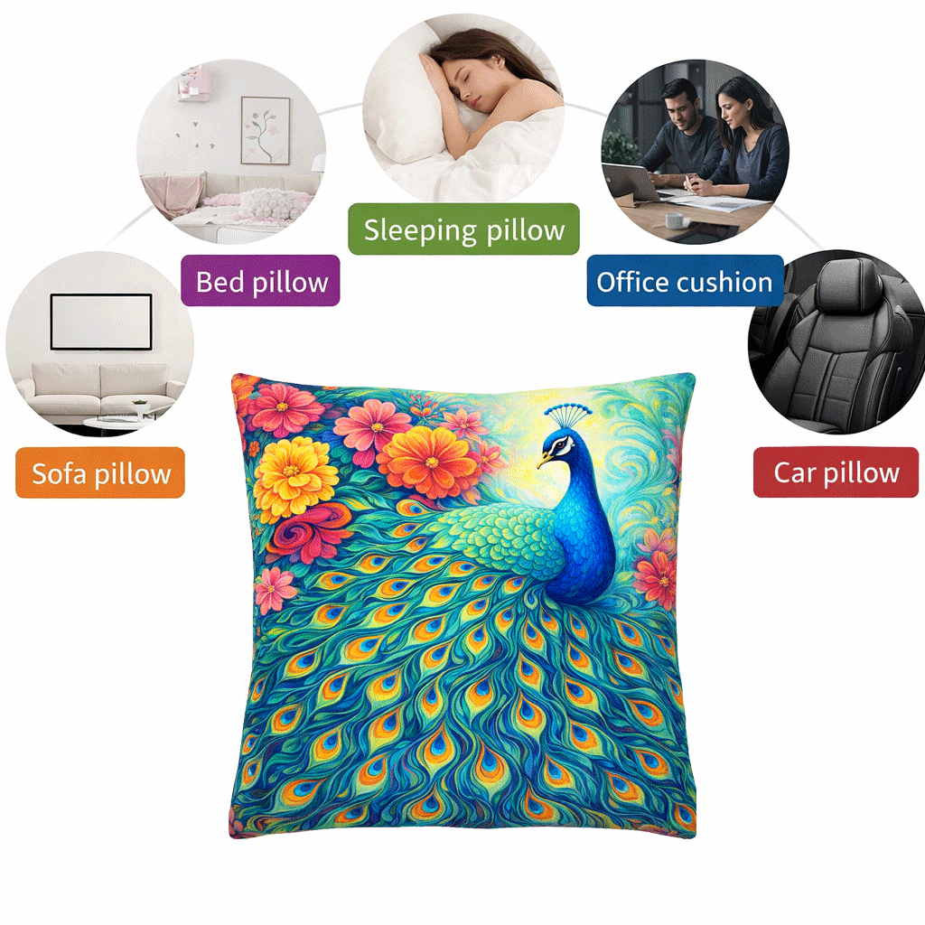 Set of 2 - Throw Pillows (with Inserts) Colorful Peacock Flowers 18"x18" DZ324
