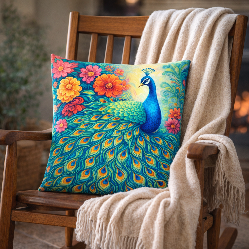 Set of 2 - Throw Pillows (with Inserts) Colorful Peacock Flowers 18"x18" DZ324
