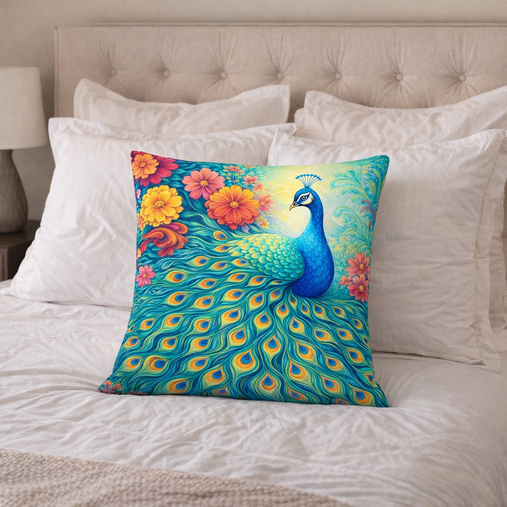 Set of 2 - Throw Pillows (with Inserts) Colorful Peacock Flowers 18"x18" DZ324