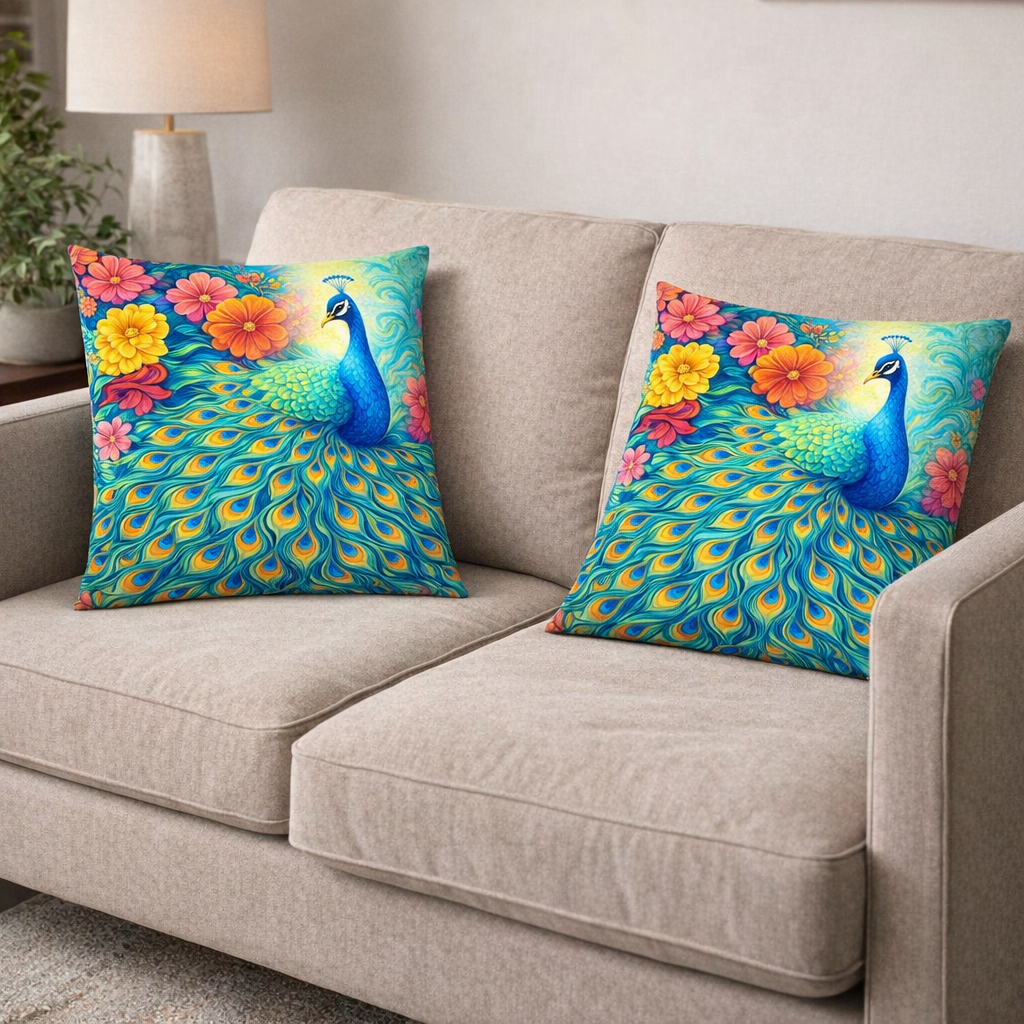 Set of 2 - Throw Pillows (with Inserts) Colorful Peacock Flowers 18"x18" DZ324