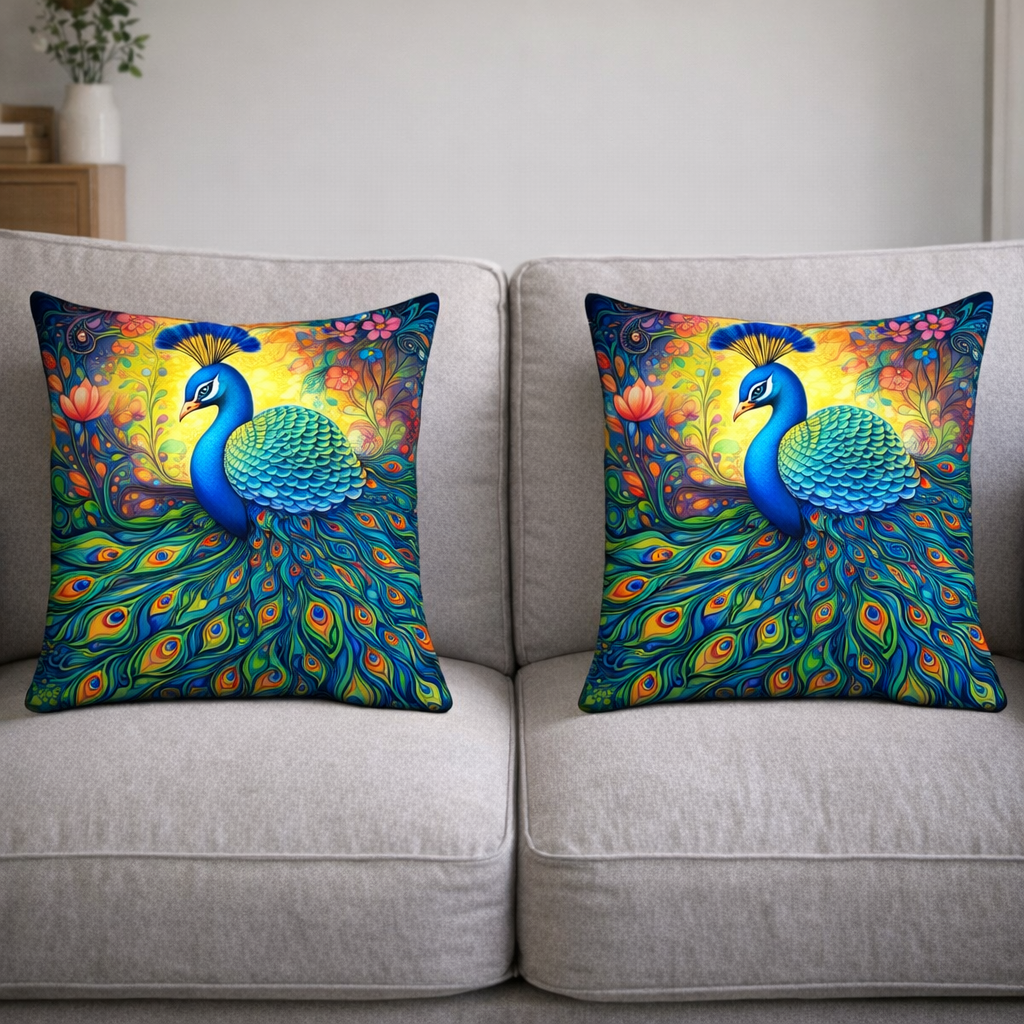 (2) Throw Pillows with Insert Bright Peacock Flowers Art Design Gift 18x18 DZ325