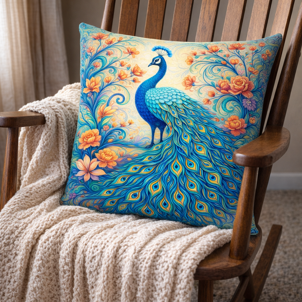 (2) Throw Pillows with Insert Bright Peacock Floral Art Design Gift 18x18 DZ326
