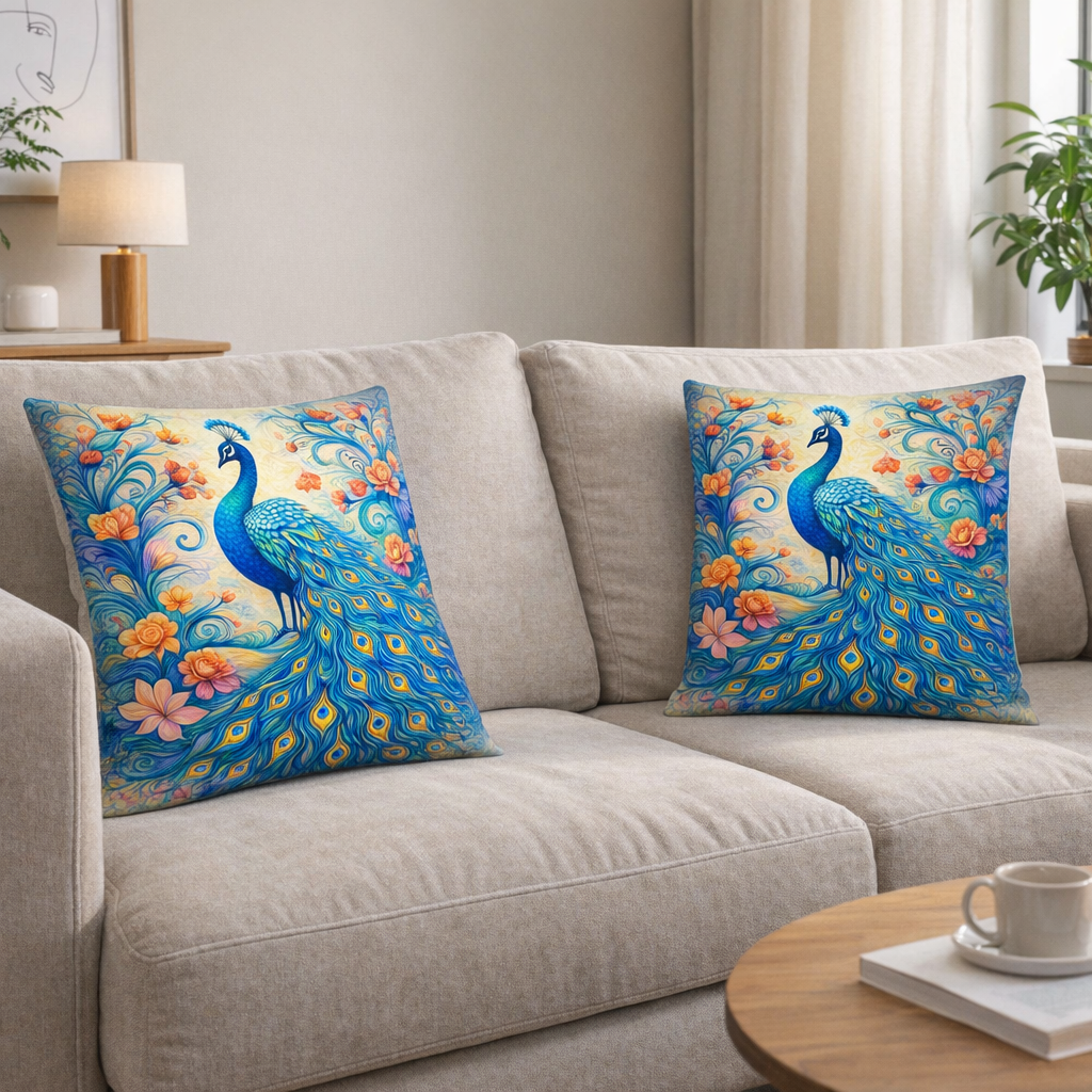 (2) Throw Pillows with Insert Bright Peacock Floral Art Design Gift 18x18 DZ326