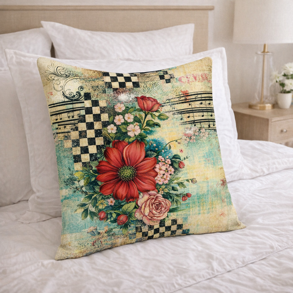 (2) Throw Pillows with Insert Musical Notes Floral Art Design Gift 18x18 DZ327