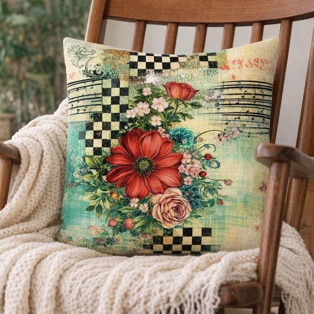 (2) Throw Pillows with Insert Musical Notes Floral Art Design Gift 18x18 DZ327