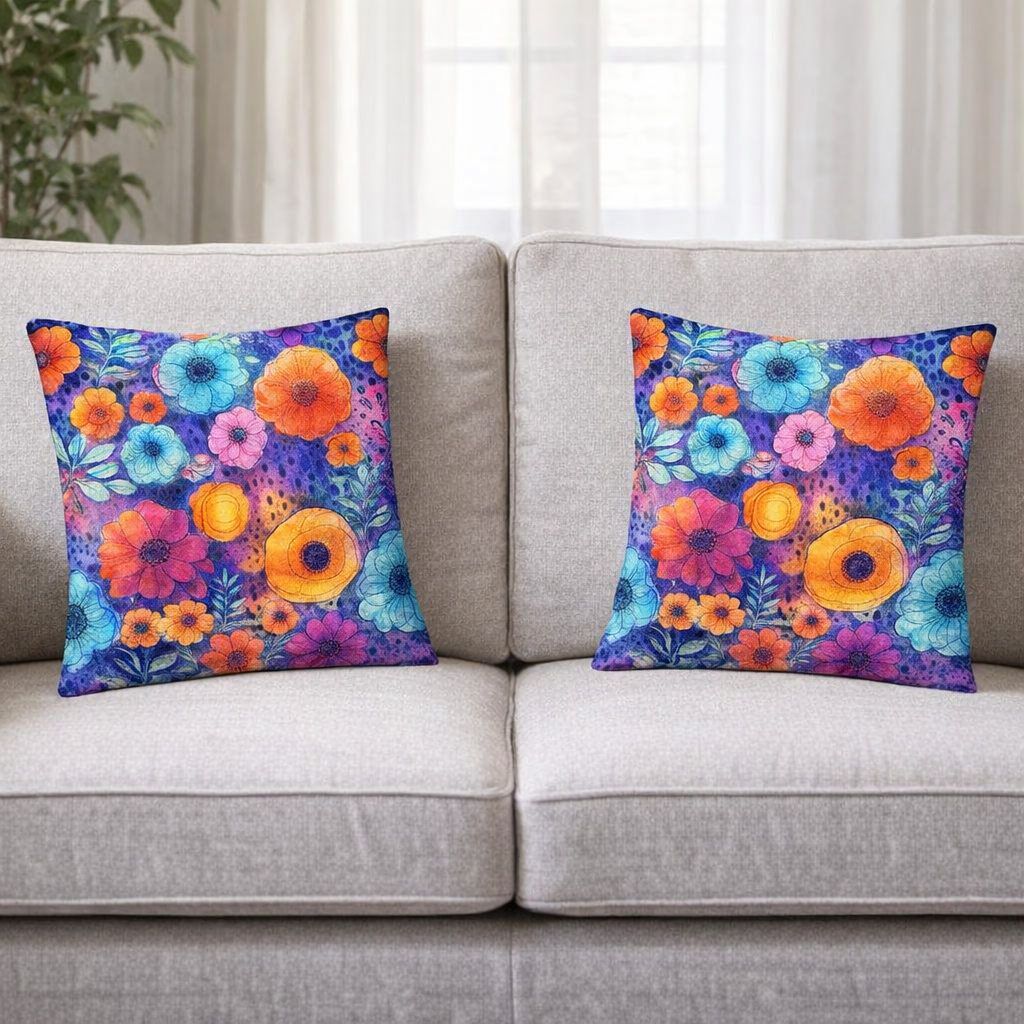 (2) Throw Pillows with Insert Colorful Garden Flowers Art Deco Gift 18x18 DZ329