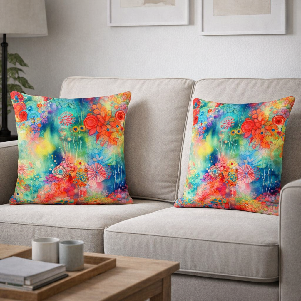 (2) Throw Pillows with Insert Colorful Summer Flowers Art Deco Gift 18x18 DZ330