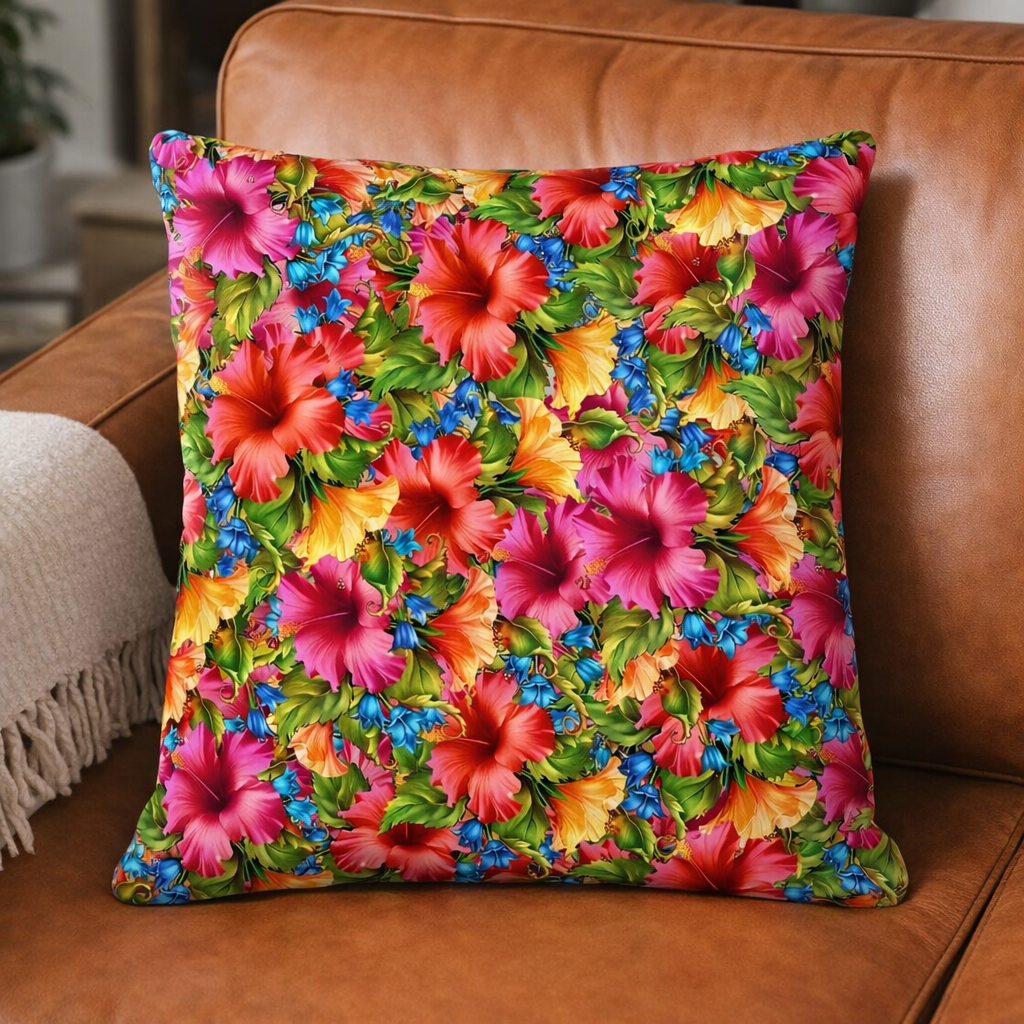 (2) Throw Pillows with Insert Red Pink Hibiscus Floral Art Deco Gift 18x18 DZ332