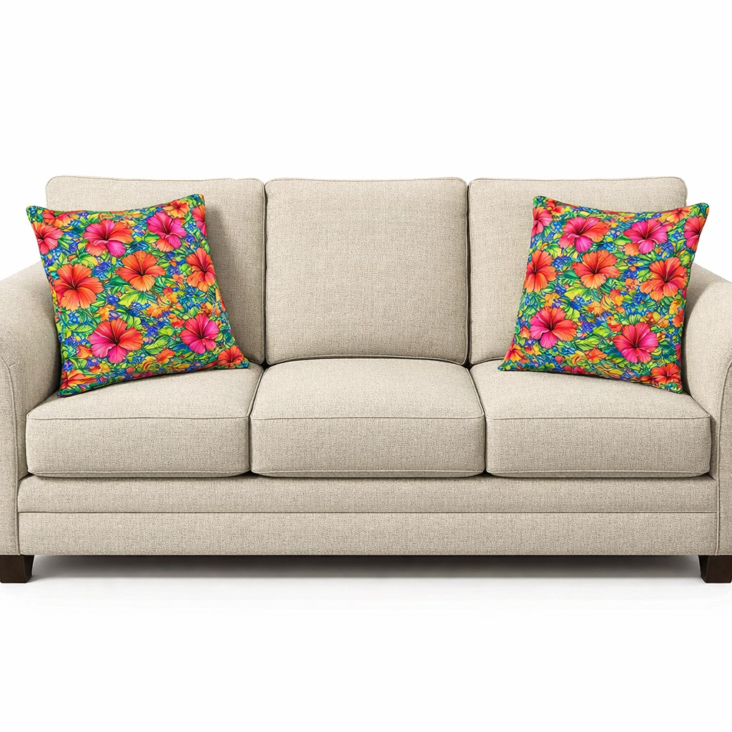 (2) Throw Pillows with Insert Red Pink Hibiscus Floral Art Deco Gift 18x18 DZ332