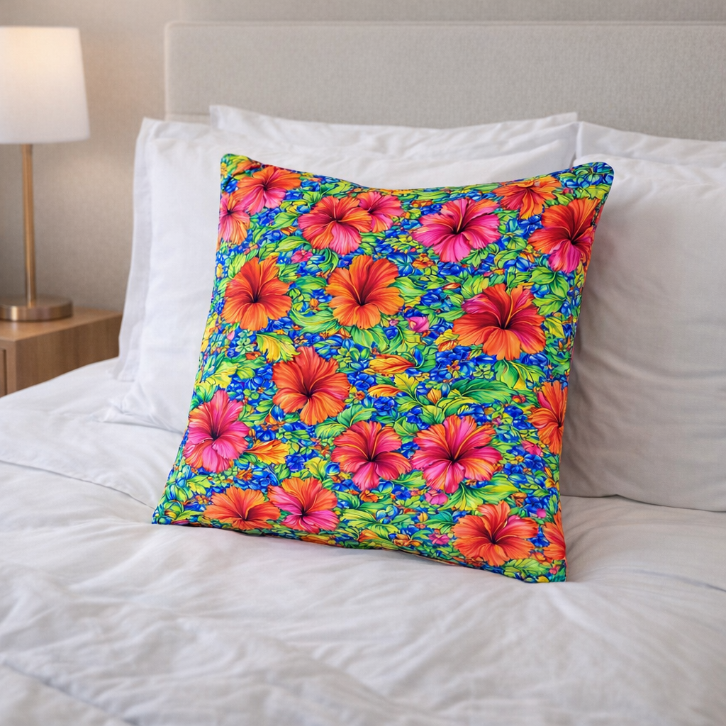 (2) Throw Pillows with Insert Red Pink Hibiscus Floral Art Deco Gift 18x18 DZ332