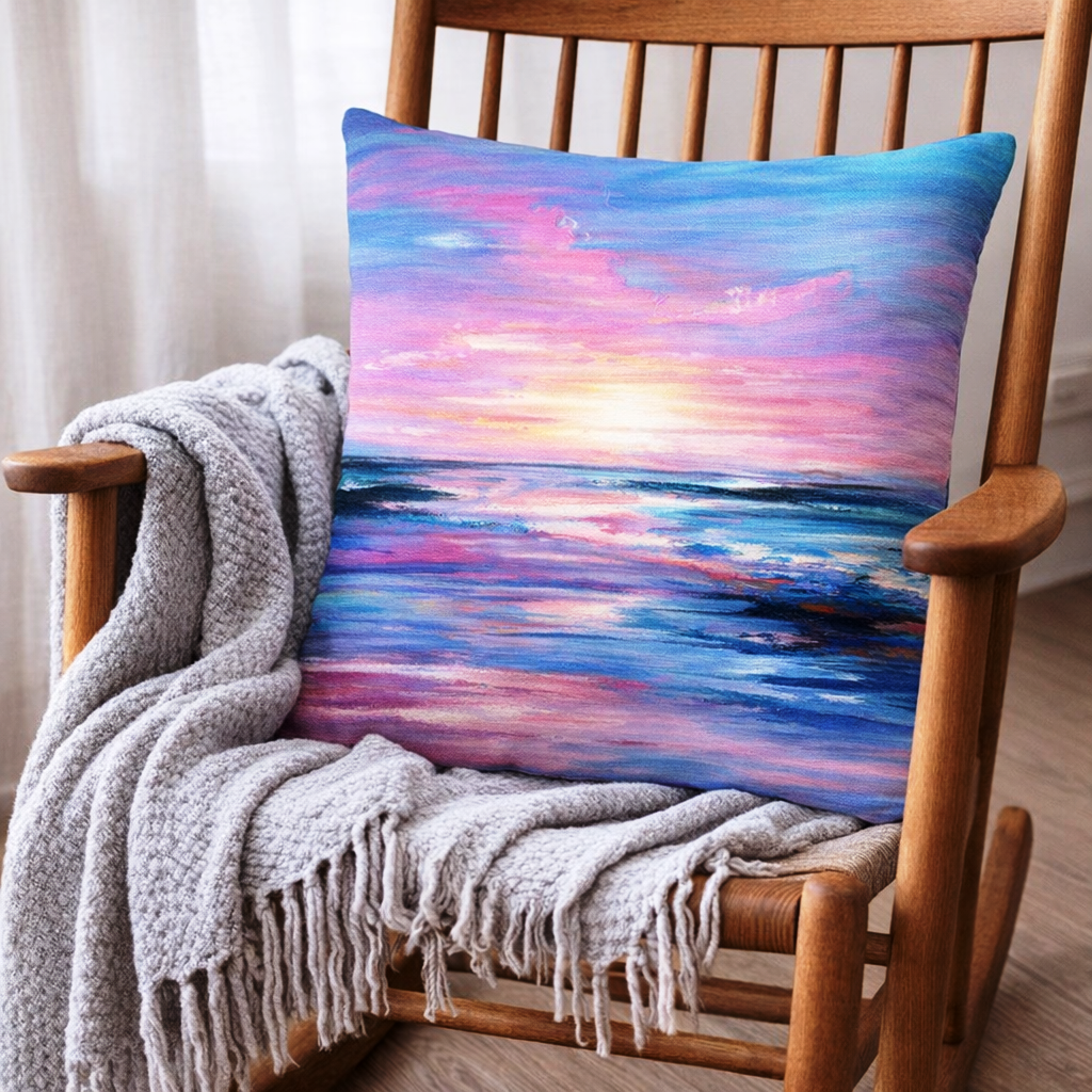 (2) Throw Pillows with Insert Blue Pink Abstract Ocean Art Deco Gift 18x18 DZ333