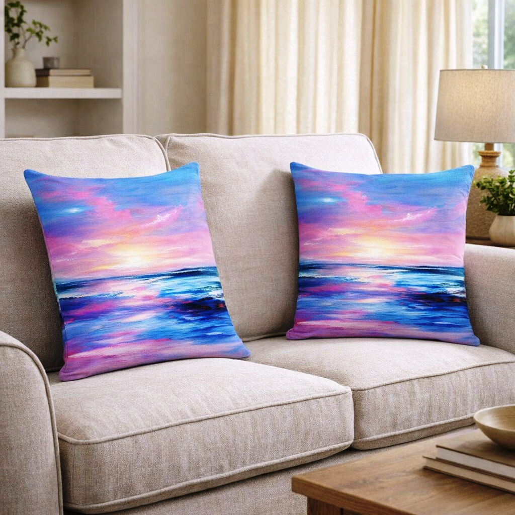 (2) Throw Pillows with Insert Blue Pink Abstract Ocean Art Deco Gift 18x18 DZ333