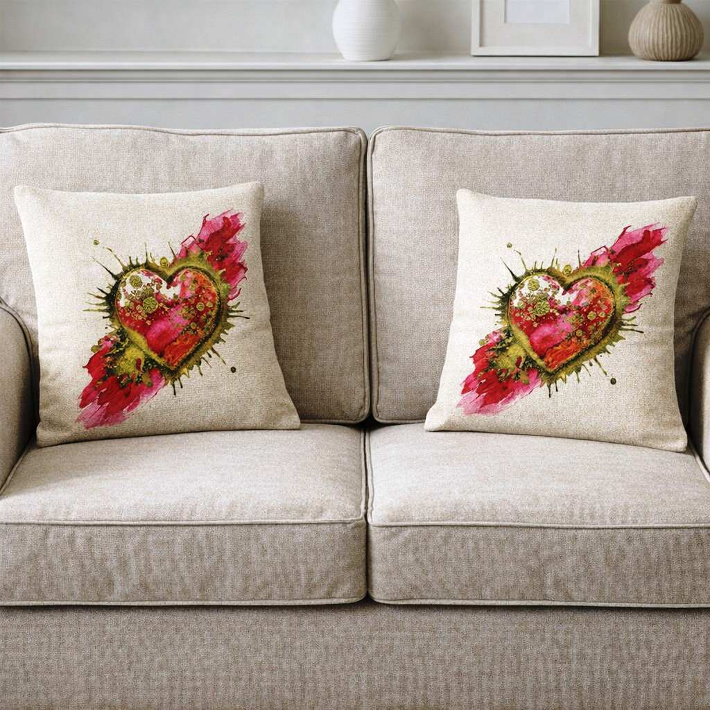 (2) Throw Pillows with Insert Red Gold Heart Abstract Art Deco Gift 18x18 DZ335
