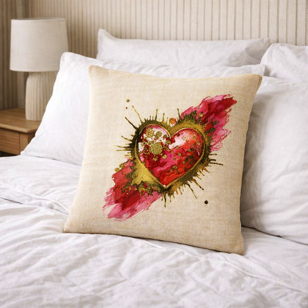 (2) Throw Pillows with Insert Red Gold Heart Abstract Art Deco Gift 18x18 DZ335