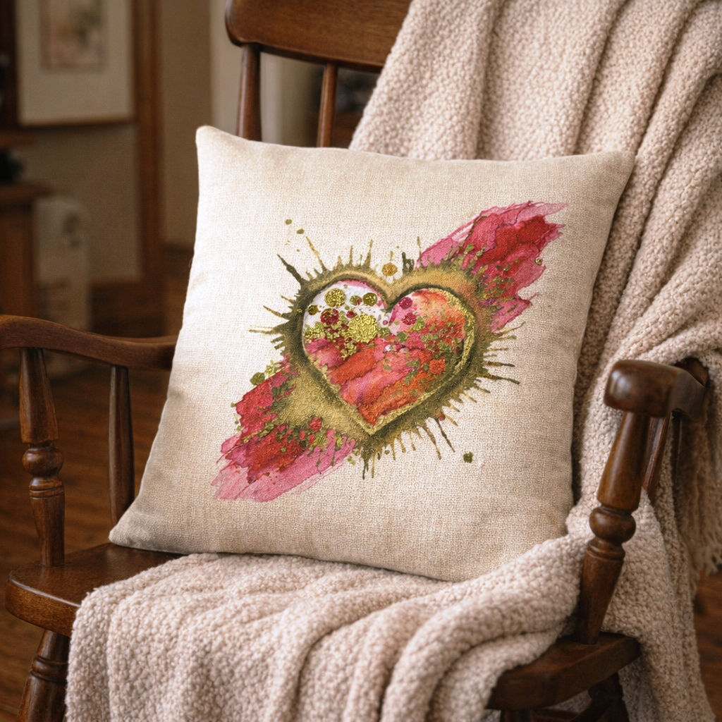 (2) Throw Pillows with Insert Red Gold Heart Abstract Art Deco Gift 18x18 DZ335