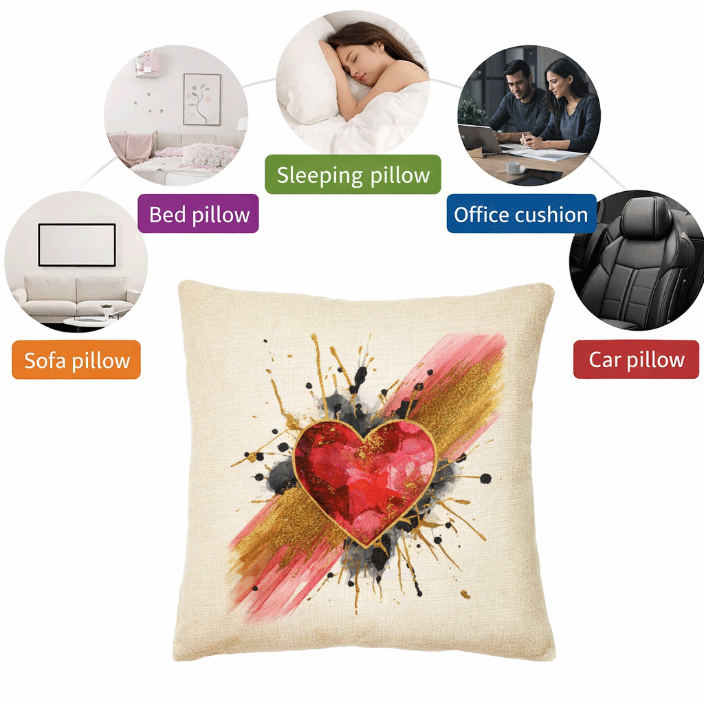 (2) Throw Pillows with Insert Red Gold Heart Splash Abstract Art Gift 18x18 Z336
