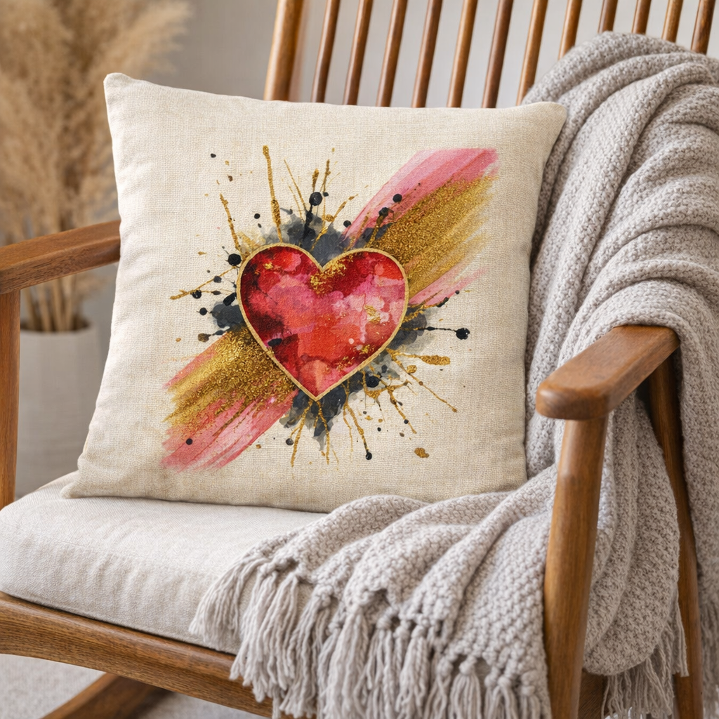 (2) Throw Pillows with Insert Red Gold Heart Splash Abstract Art Gift 18x18 Z336