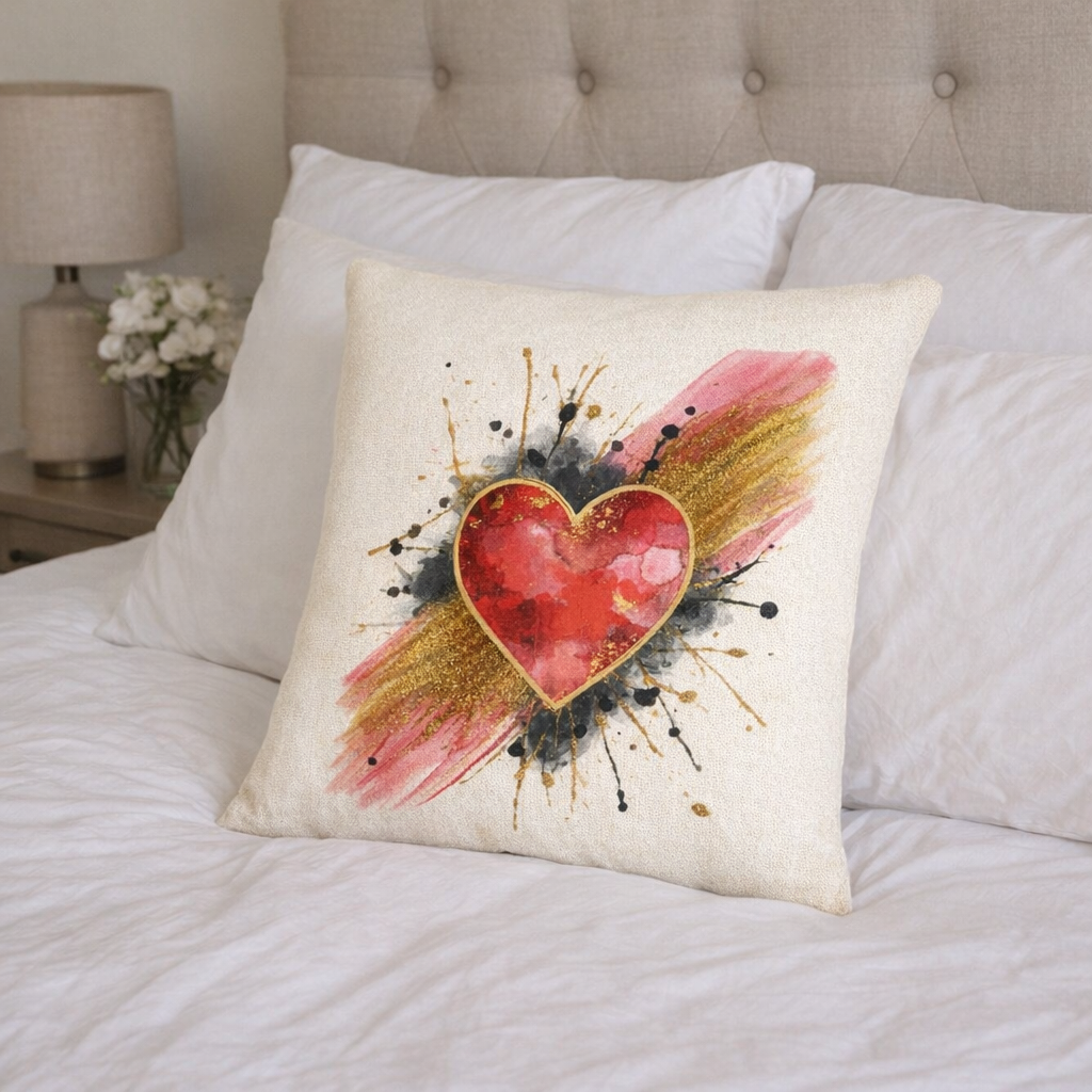 (2) Throw Pillows with Insert Red Gold Heart Splash Abstract Art Gift 18x18 Z336