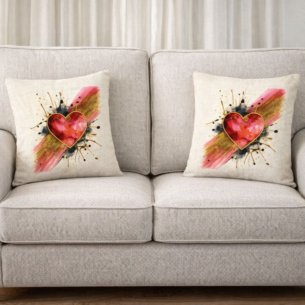 (2) Throw Pillows with Insert Red Gold Heart Splash Abstract Art Gift 18x18 Z336