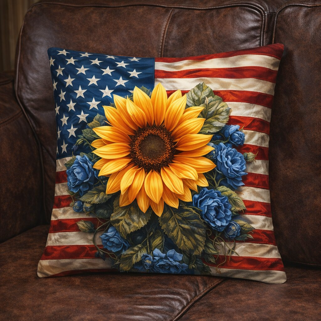 (2) Throw Pillows with Insert Sunflower American Flag Abstract Gift 18x18 DZ338