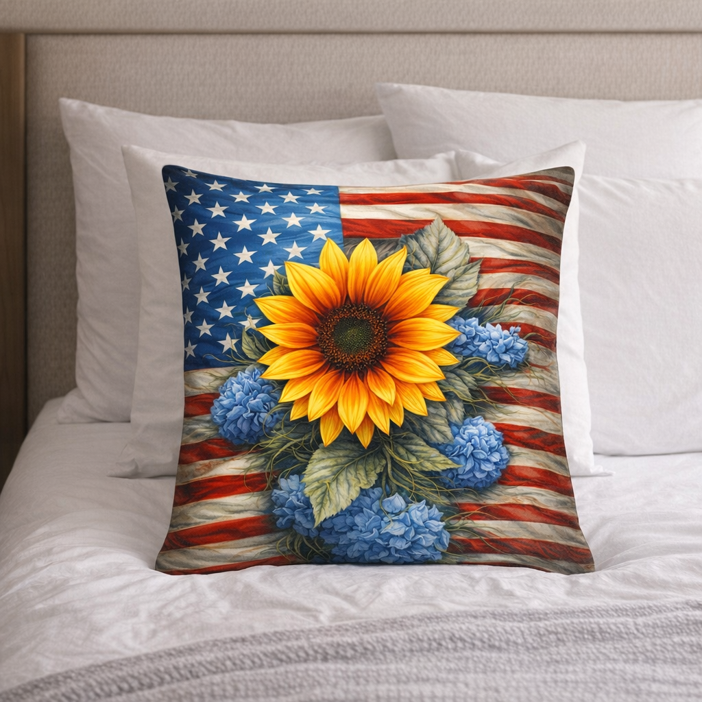 (2) Throw Pillows with Insert Sunflower American Flag Abstract Gift 18x18 DZ338