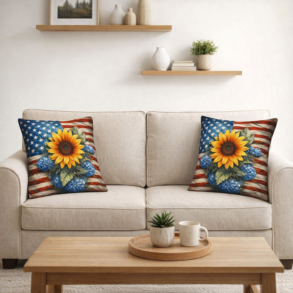 (2) Throw Pillows with Insert Sunflower American Flag Abstract Gift 18x18 DZ338