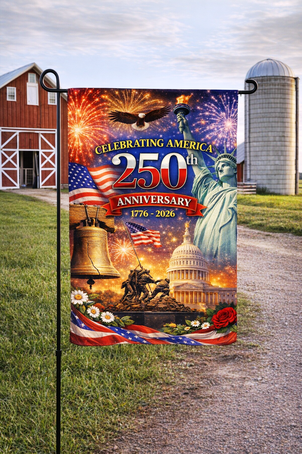 Celebrating 250th Anniversary USA American Garden Flag SGF528 Double Sided Deluxe Sublimated Garden Flag 3ply 600 Denier 110 Knitted Polyester